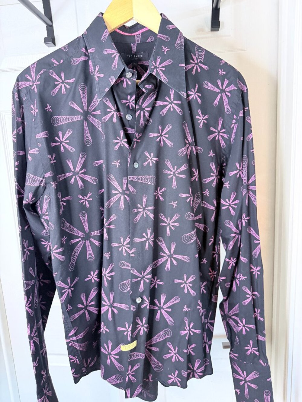 Ted Baker London French Cuff Dress Shirt Size 5 (XL) Black Pink Geometric Print